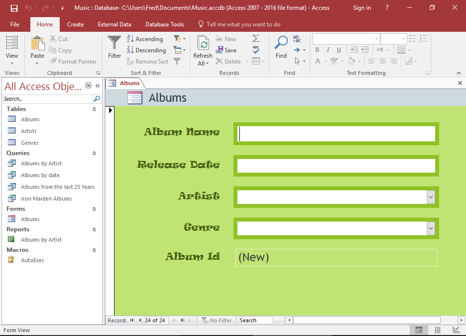 Screenshot of Access with the form open after the macro has run.