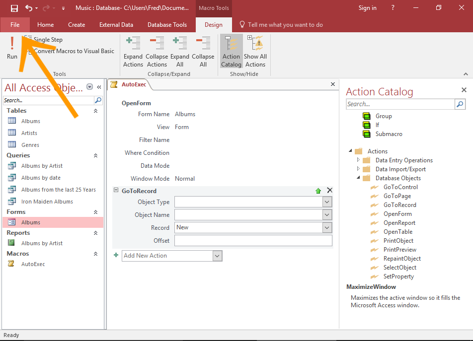 Screenshot of Access with the File tab highlighted.