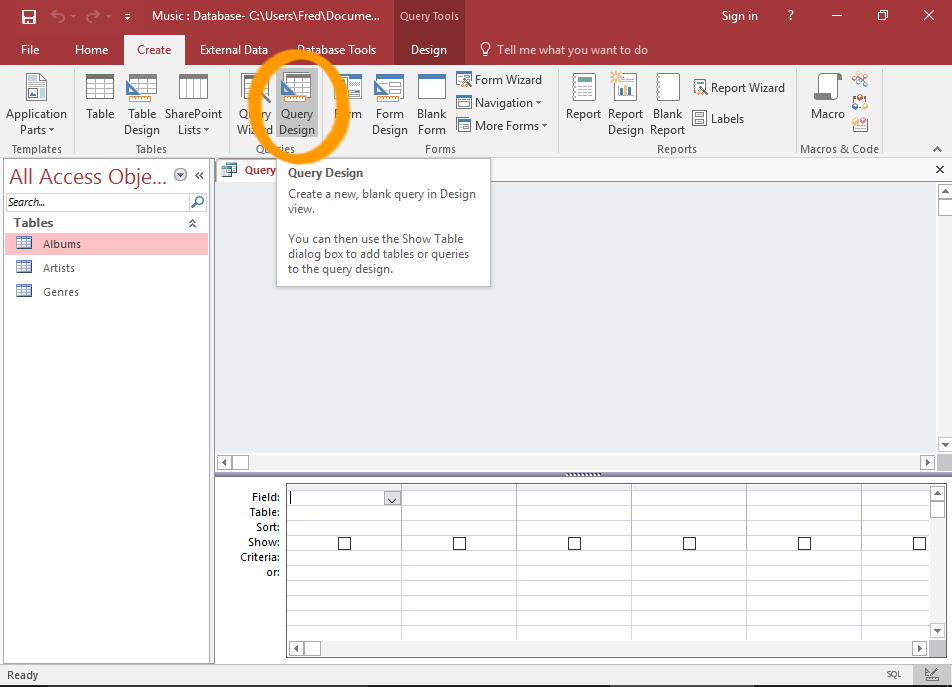 Screenshot of the Query Design button highlighted