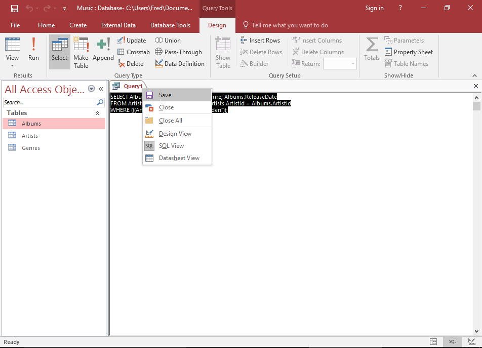 Screenshot of saving the query