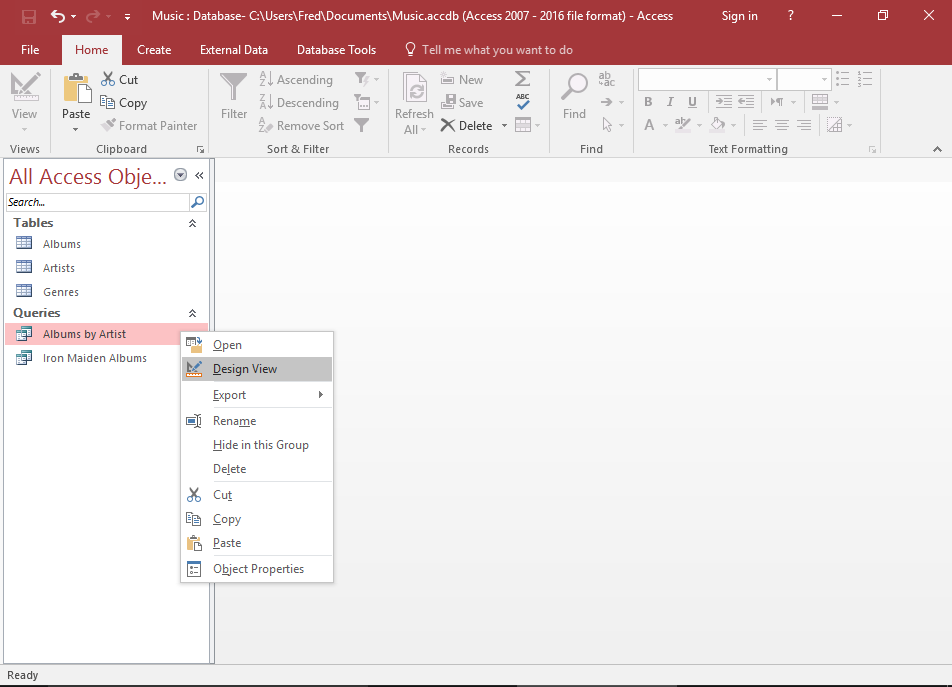 Screenshot of right-clicking on the Query in the navigation pane