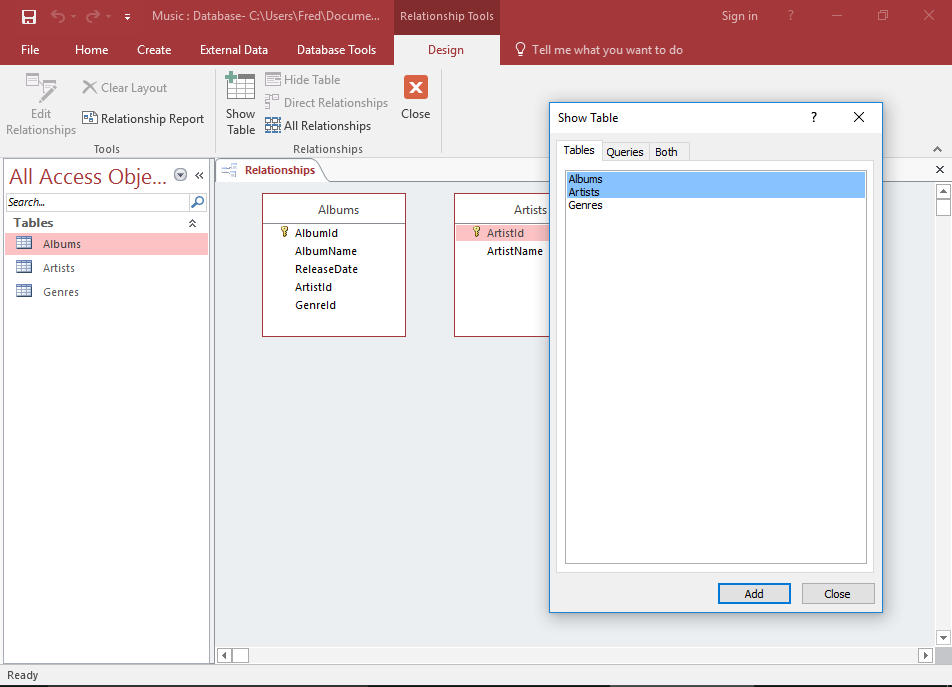 Screenshot of the Show Tables dialog