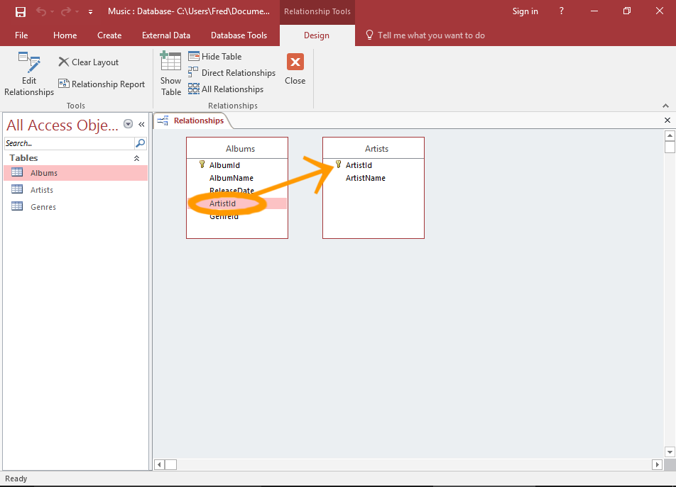 Screenshot of creating the relationship