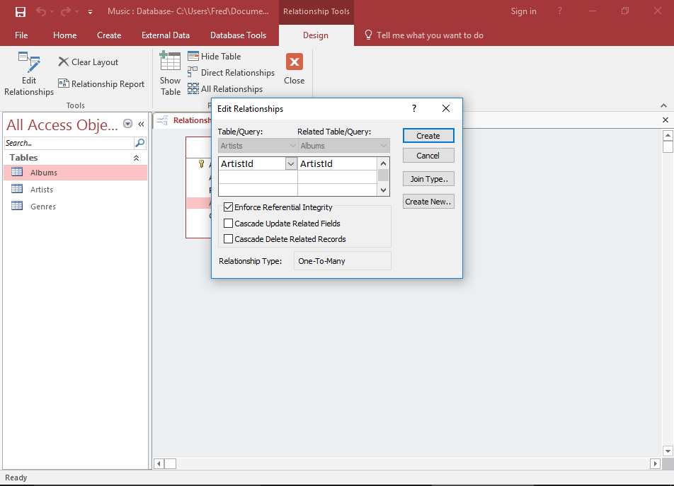 Screenshot of creating the Edit Relationship dialog