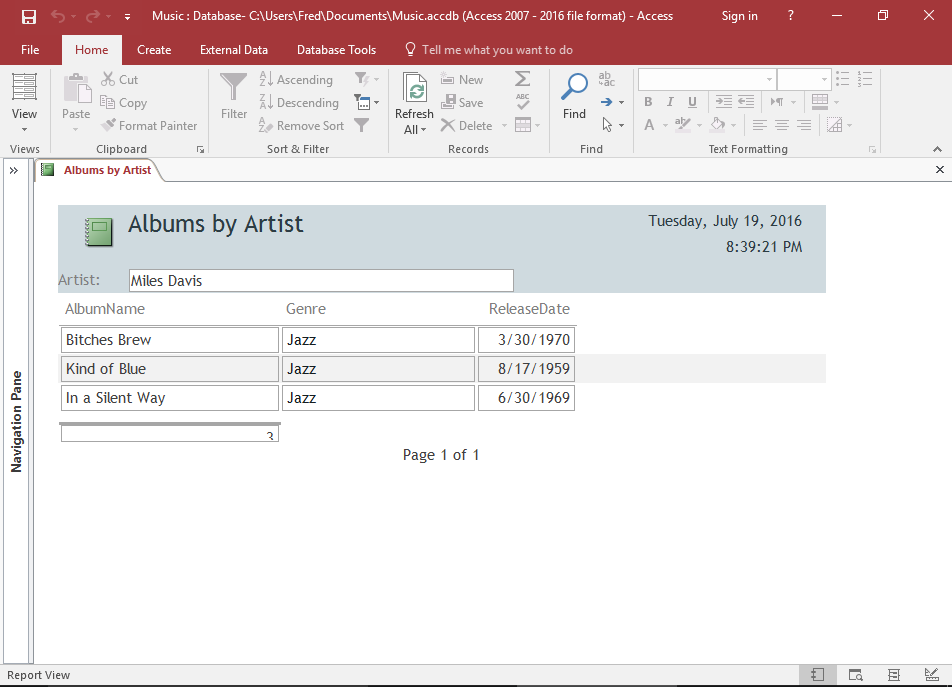 Screenshot of the report in Report View.