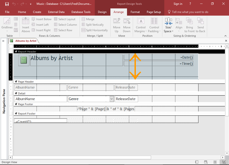Screenshot of the Report in Design View.