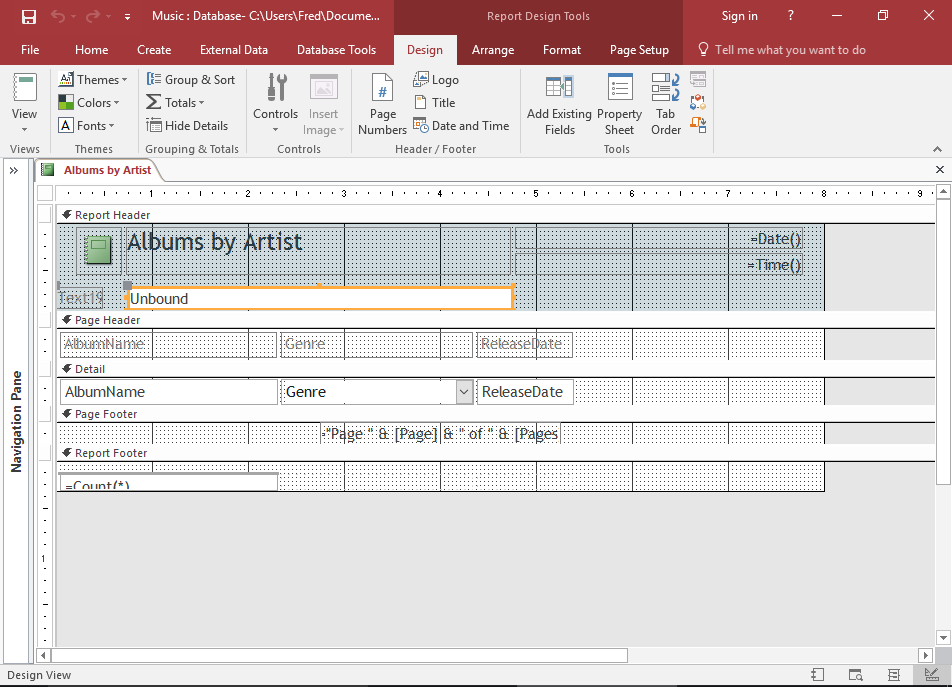 Screenshot of the Report in Design View.