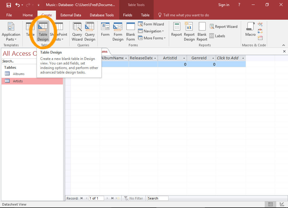 Screenshot of the Table button on the Ribbon.