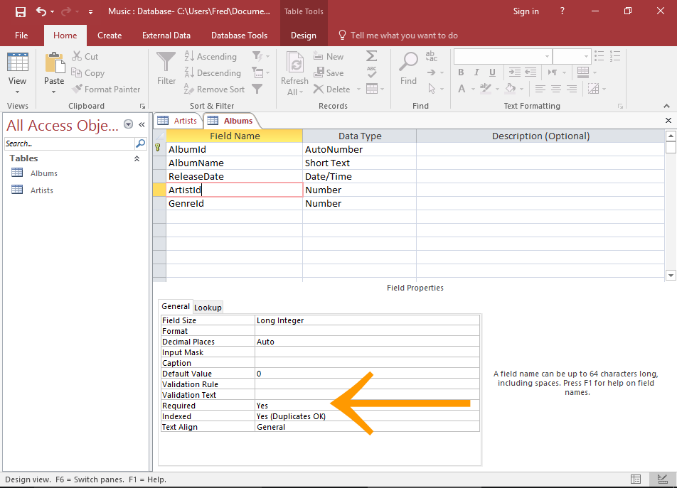 Screenshot of the ArtistId field properties in Design View.