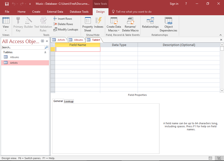 Screenshot of the blank Table in Design View.
