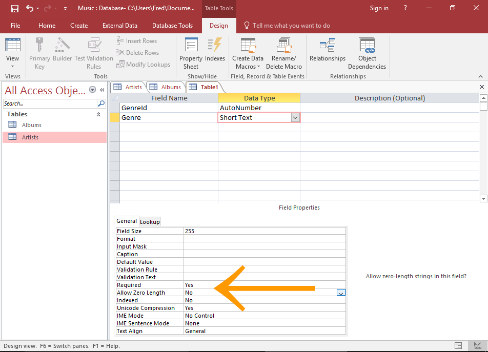 Screenshot of field properties being changed