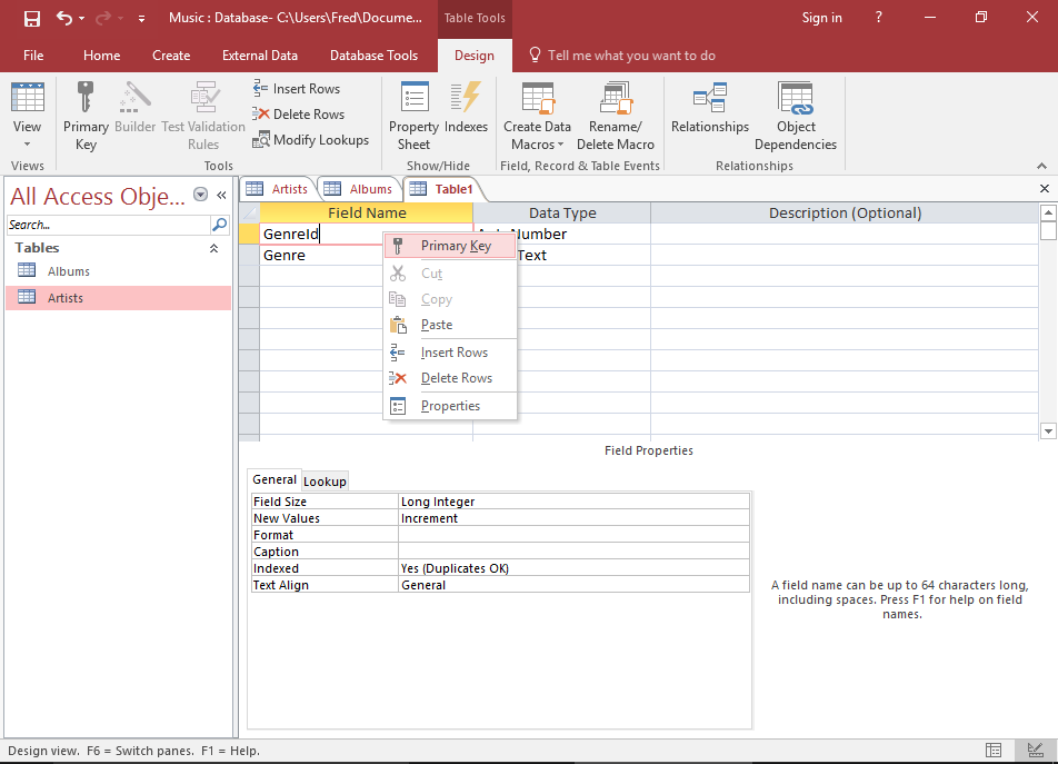 Screenshot of the primary key being set