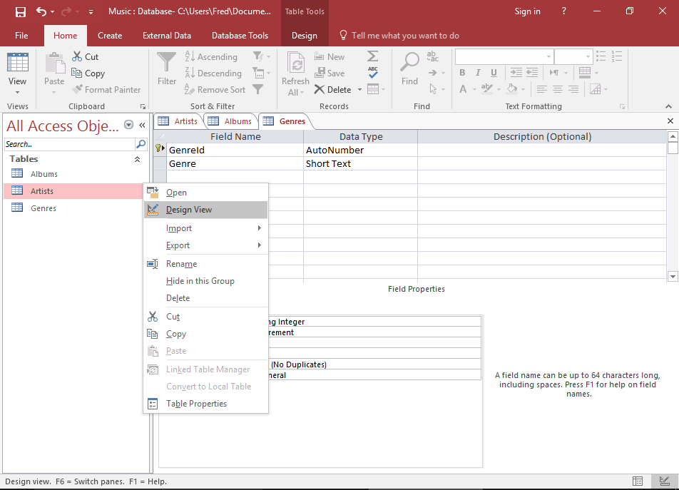 Screenshot of the AlbumName field properties in Design View.
