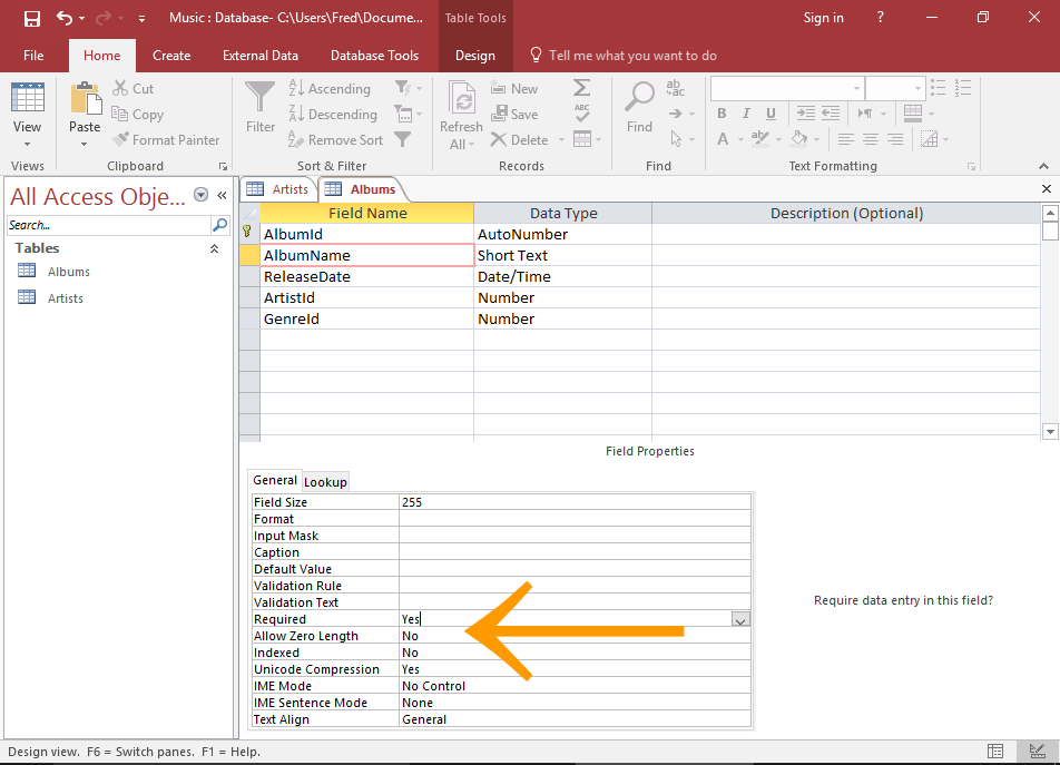 Screenshot of the AlbumName field properties in Design View.