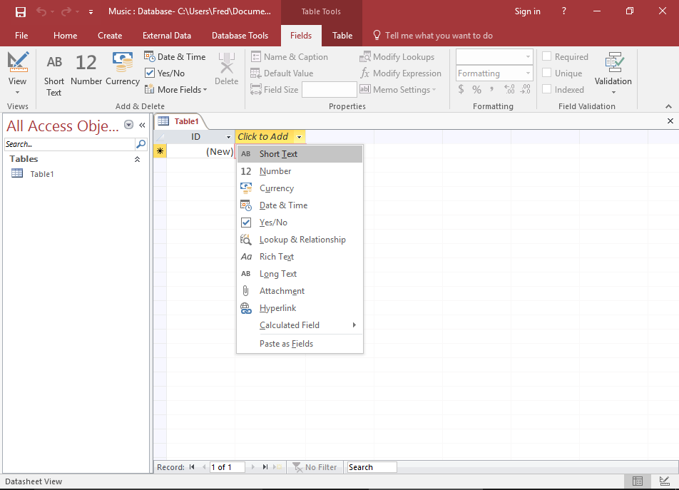 Screenshot of setting the data type on a field