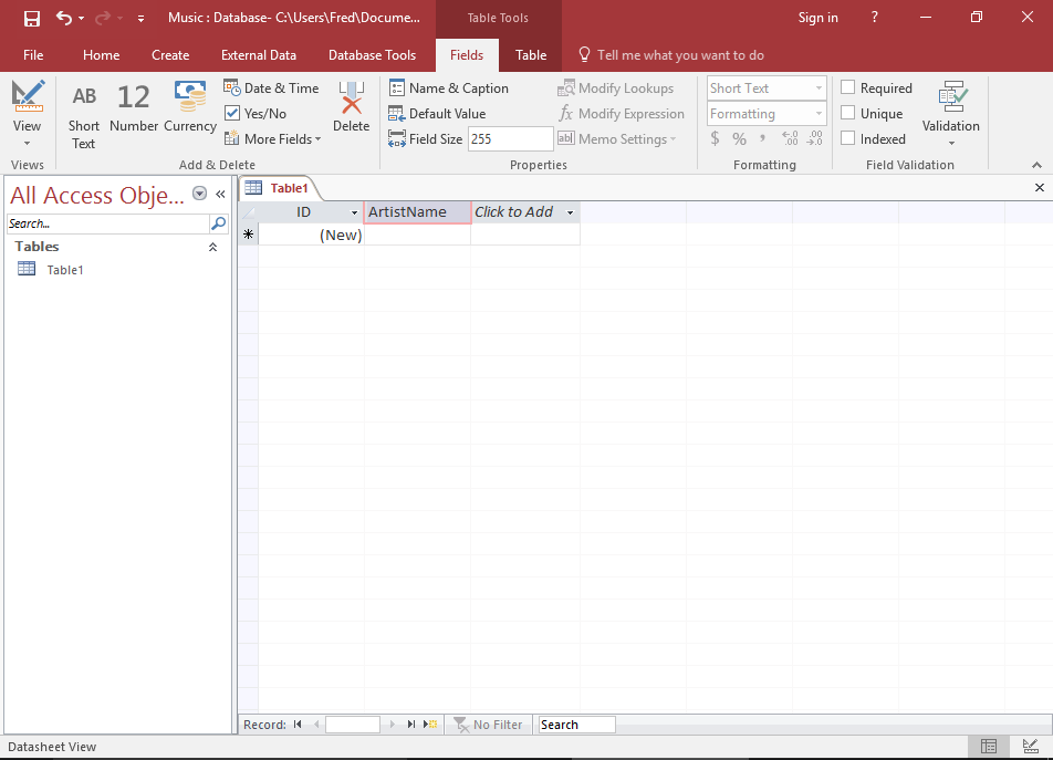Screenshot of naming the field