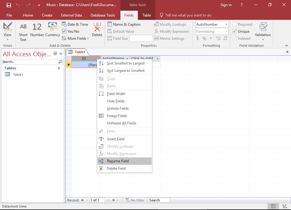 Screenshot of renaming the first field