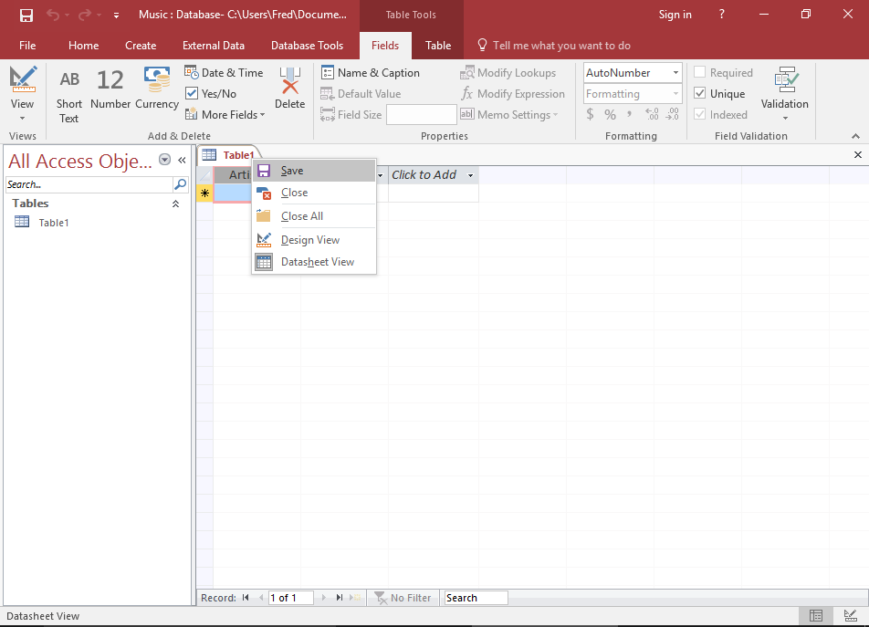 Screenshot of saving the table.