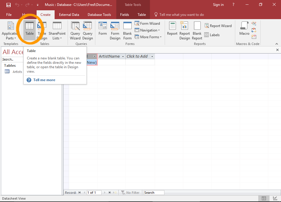 Screenshot the create table option highlighted on the Ribbon.