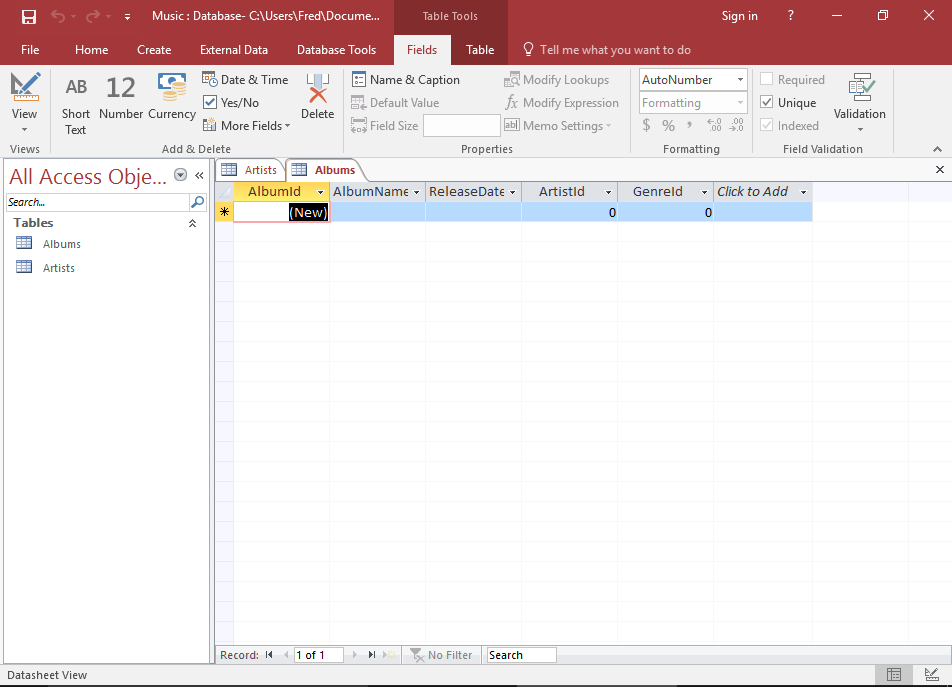 Screenshot of the Albums table in Datasheet View.