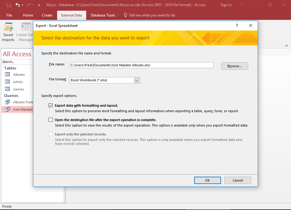 Screenshot of the Export dialog.