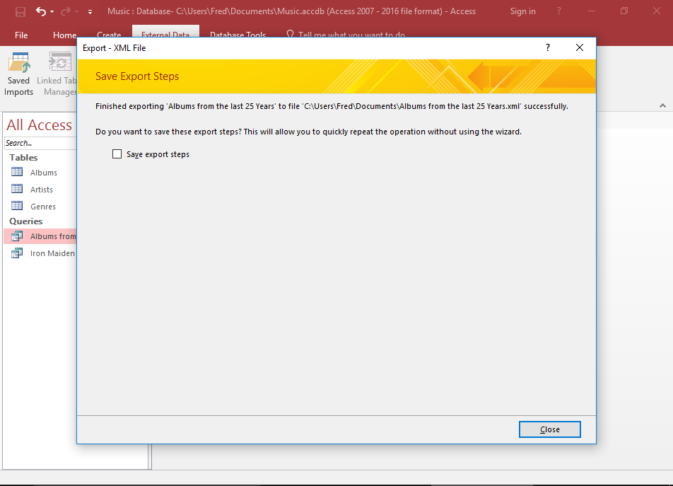 Screenshot of the Save Export Steps dialog.
