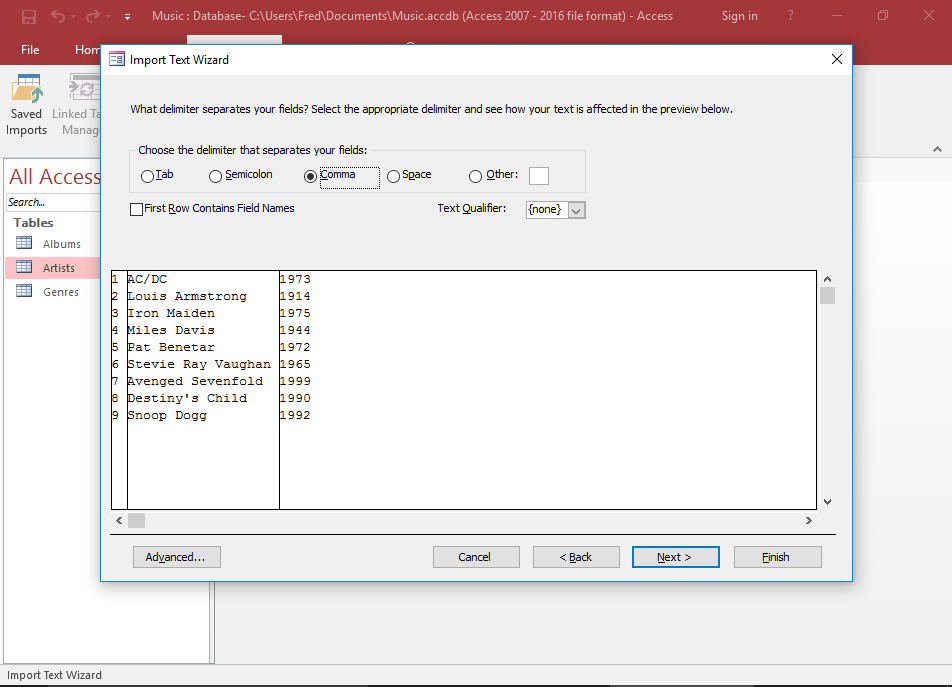 Screenshot of selecting the delimiter