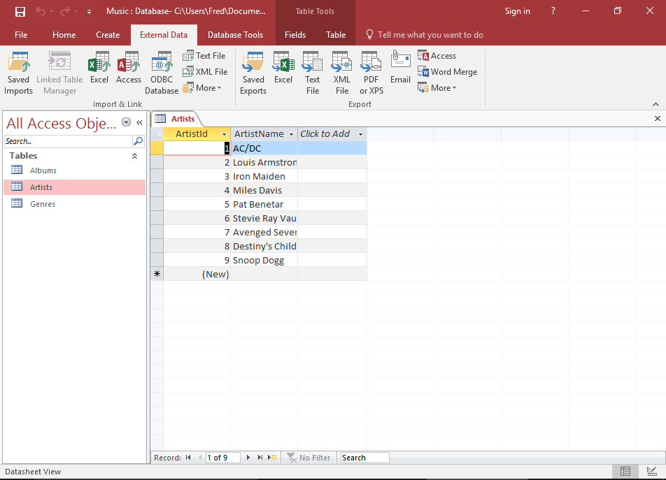 Screenshot of table containing the imported data