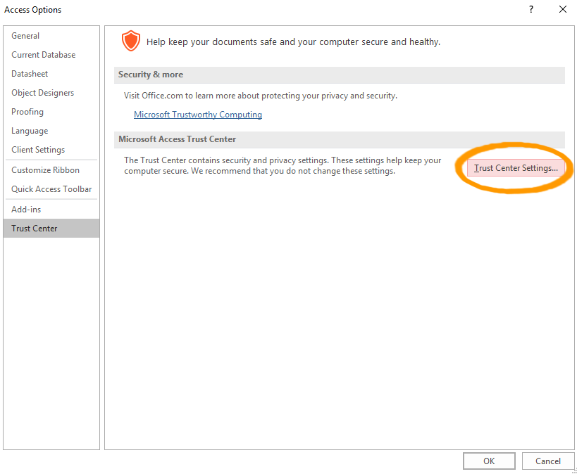 Screenshot of the options with Trust Center highlighted.