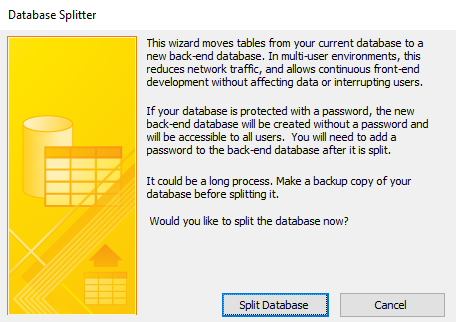 Screenshot of the Database Splitter wizard.