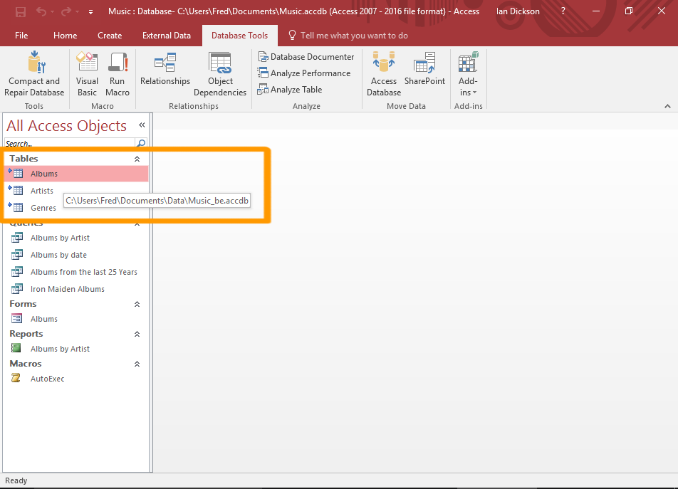 Screenshot of the original database after the split.
