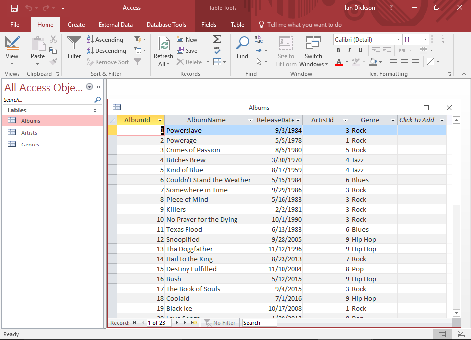 Screenshot of the back-end database.