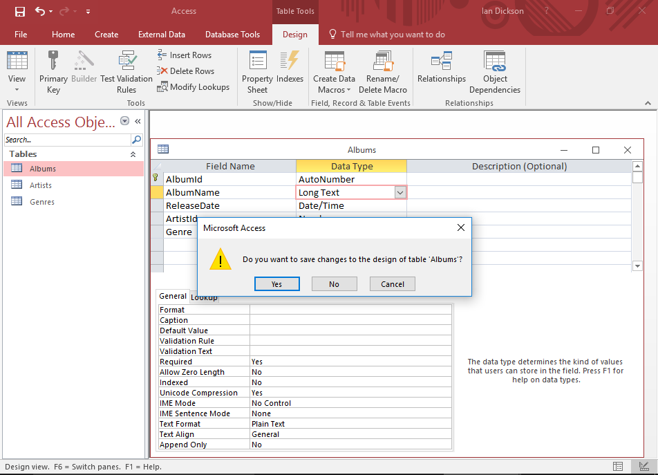 Screenshot of Design View of the back-end database.