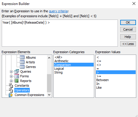 Screenshot of the Expression Builder