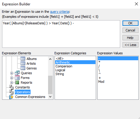 Screenshot of the Expression Builder