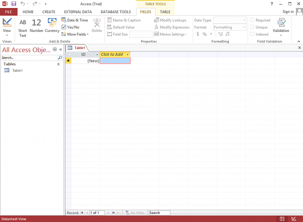 Screenshot of Microsoft Access 2013