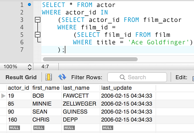 Screenshot of a nested subquery