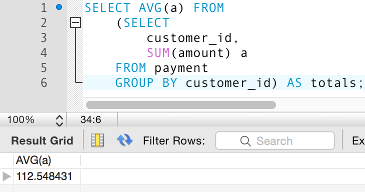 Screenshot of a derived table subquery