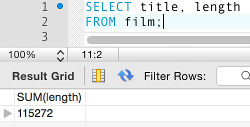 Screenshot of film table with SUM() applied
