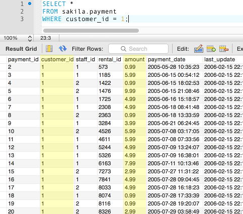 Screenshot of payment table