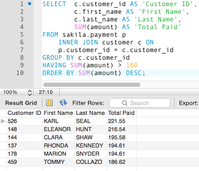 Screenshot of all customer payments totals over 180, listed by amount in descending order
