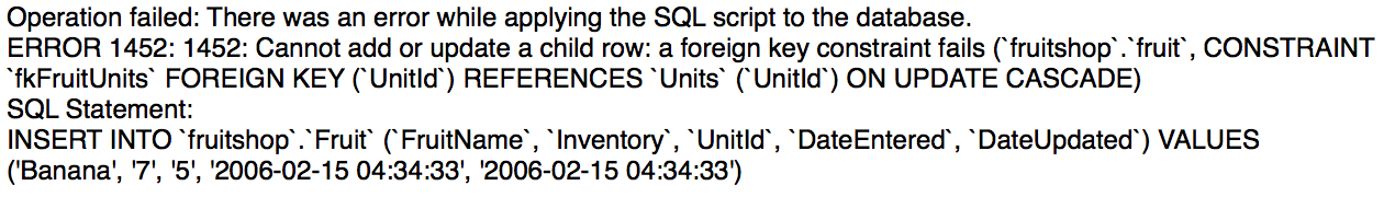 Screenshot of foreign key error