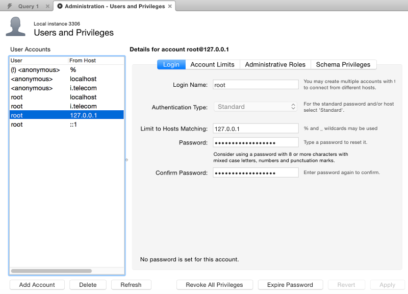 使用MySQL Workbench GUI的“用户和权限”选项卡的屏幕截图