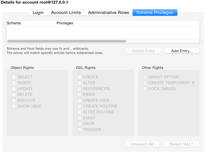 Screenshot of the Schema Privileges tab