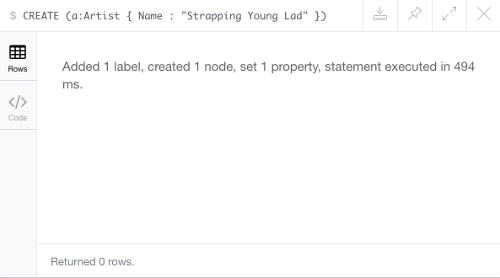 Screenshot of the message confirming that 1 label, 1 node, and 1 property were created.