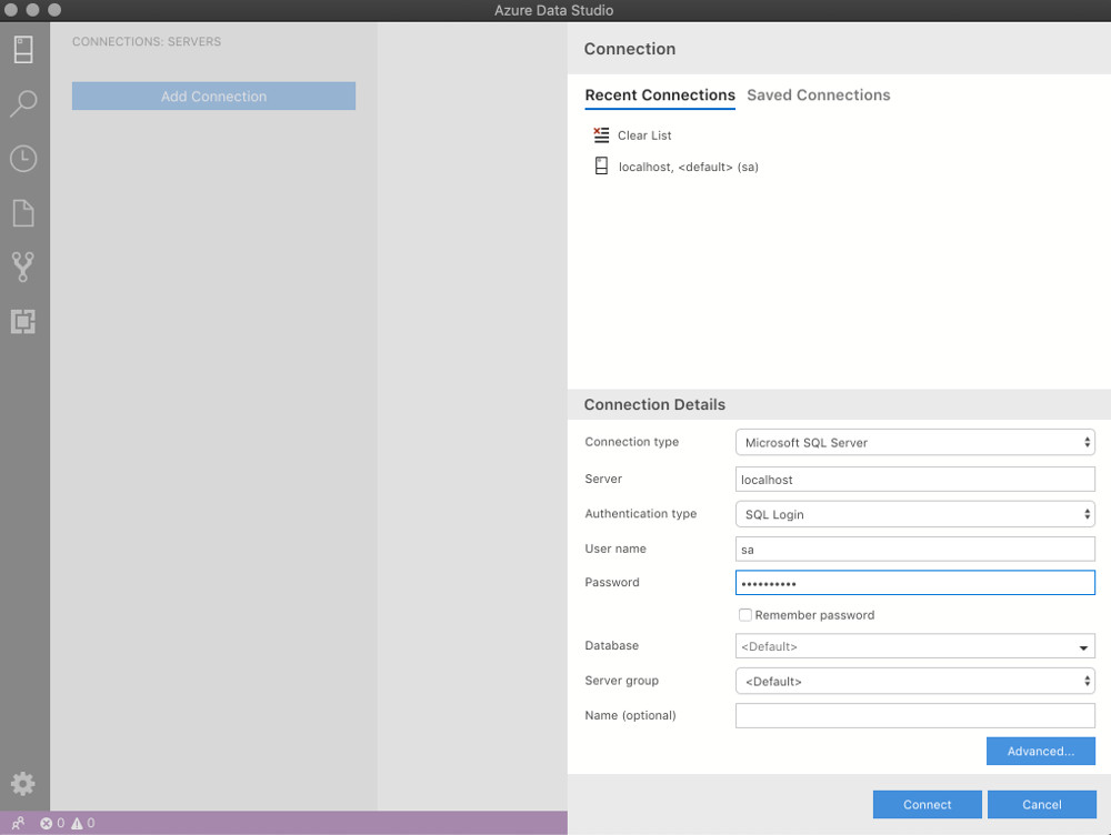 Screenshot of connecting to SQL Server with Azure Data Studio