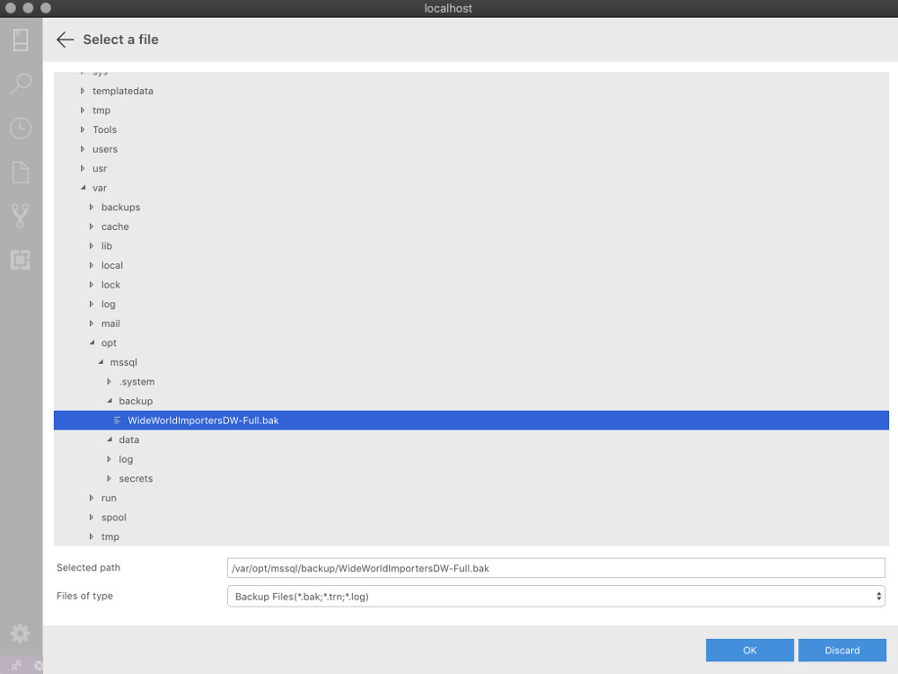 Screenshot of the file explorer with the backup file selected.