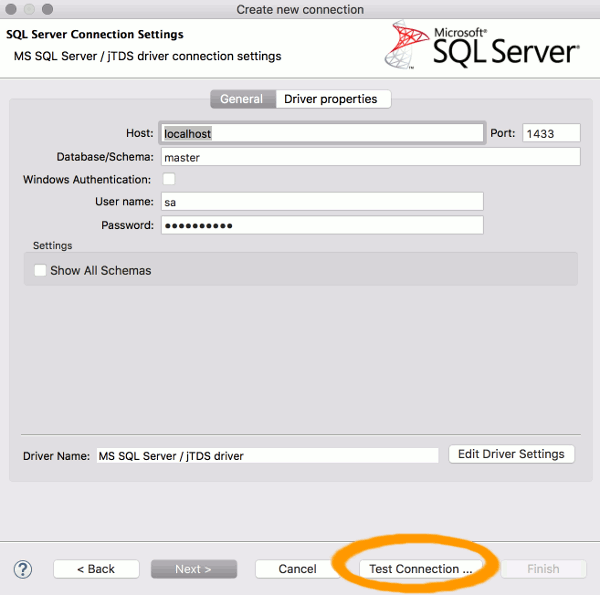 DBeaver Server Connection Settings dialog box