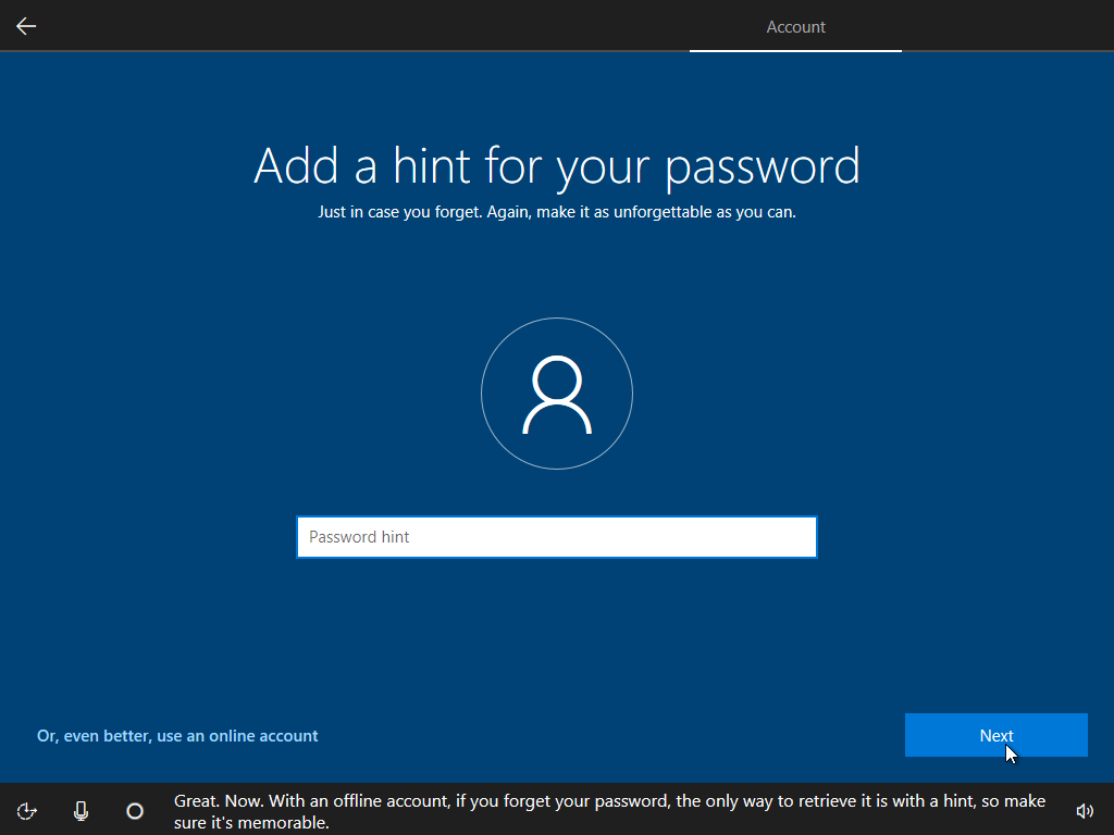 Screenshot of the Windows setup wizard - Password Hint.