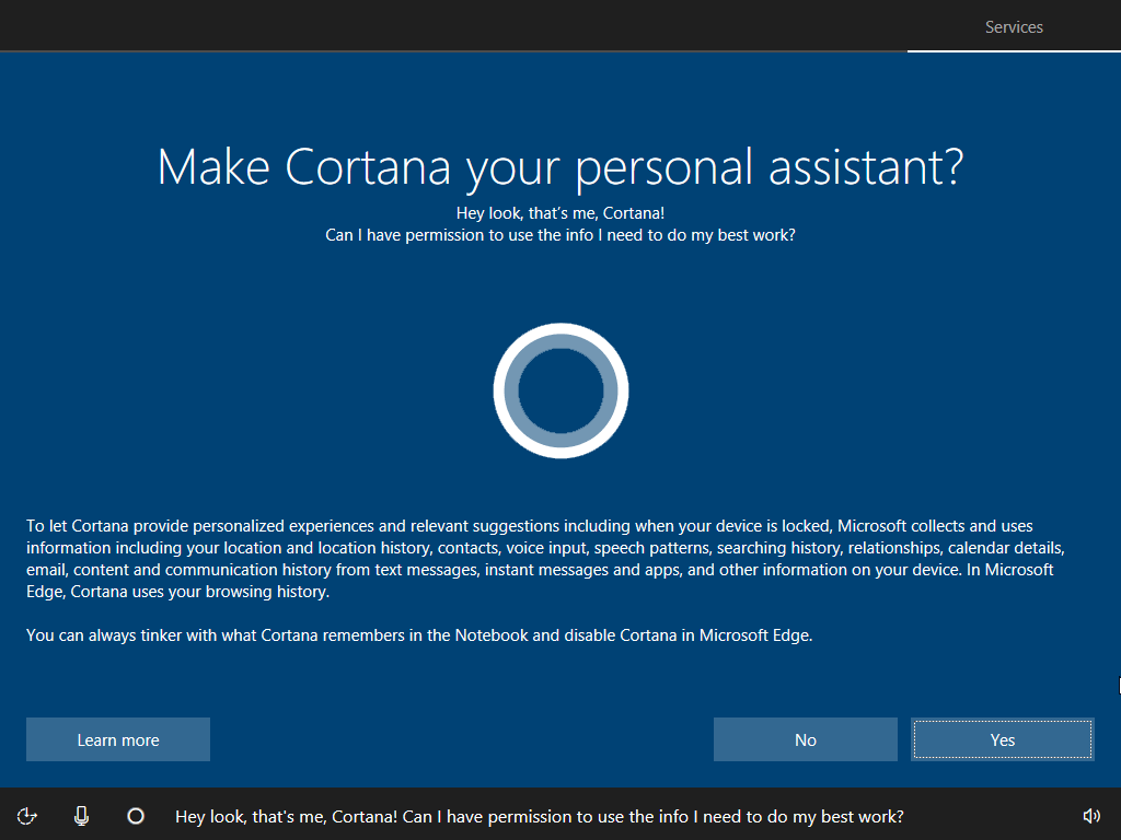 Screenshot of the Windows setup wizard - Cortana.